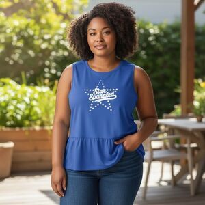Lane Bryant Blue Tank Top Plus Size 18-20 Sleeveless Peplum STAR SPANGLED Cotton